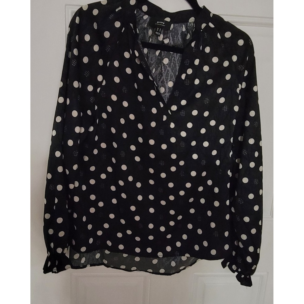 Privy‎ black and Cream polka dot blouse top Long-Sleeve Size M